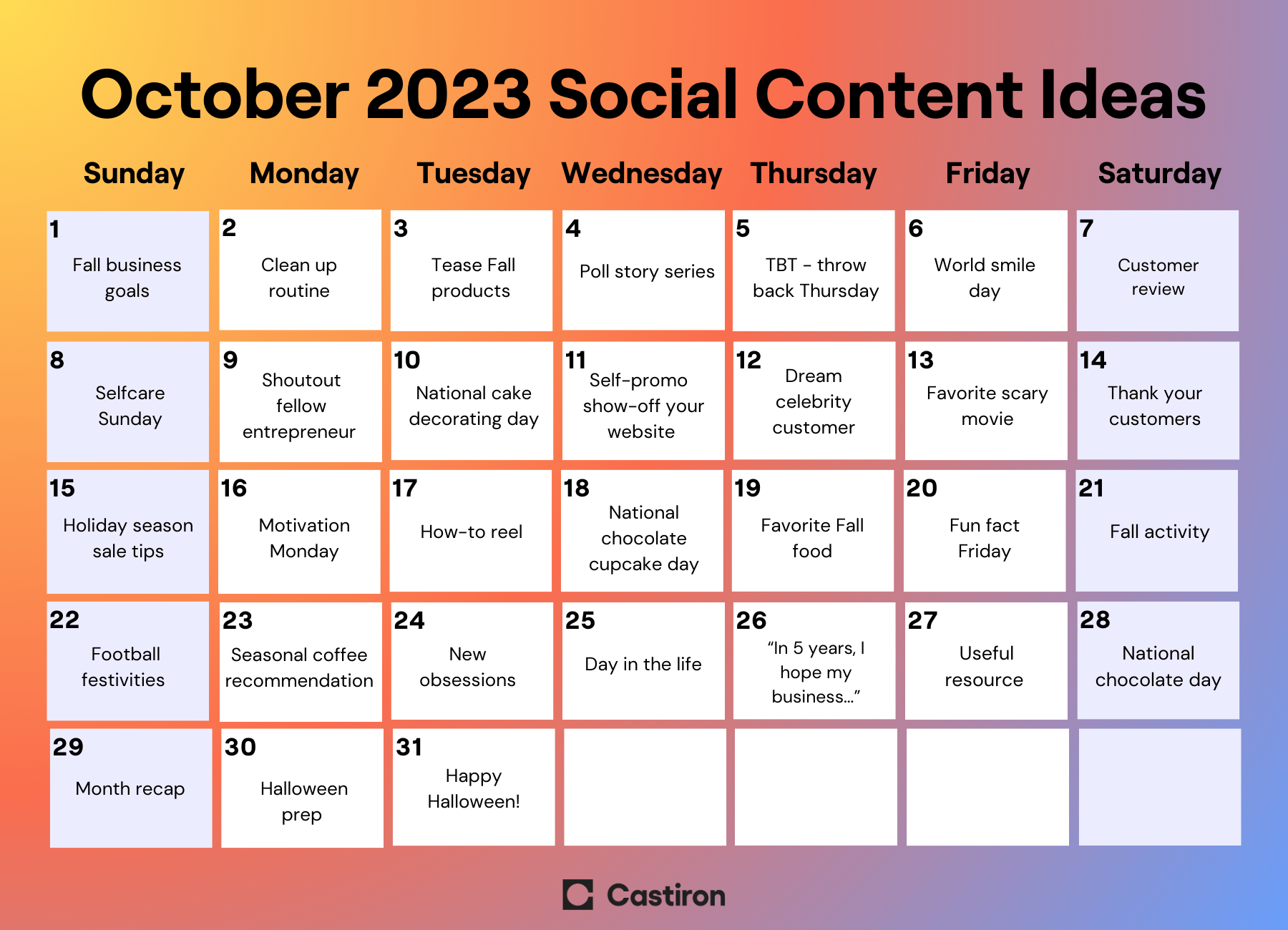 October Social Media Content Calendar Blog Castiron